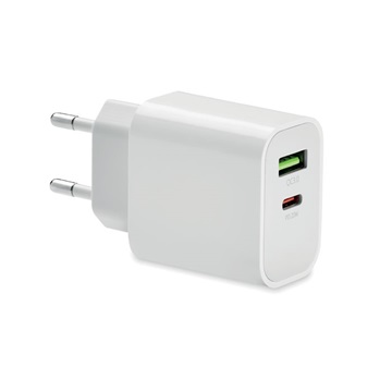 Εικόνα της Φορτιστής USB 18W με 2 θύρες, λευκός – Εταιρικό δώρο