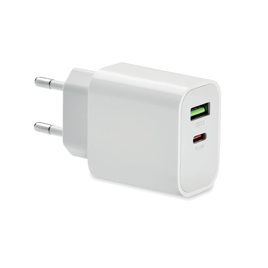 Εικόνα της Φορτιστής USB 18W με 2 θύρες, λευκός – Εταιρικό δώρο